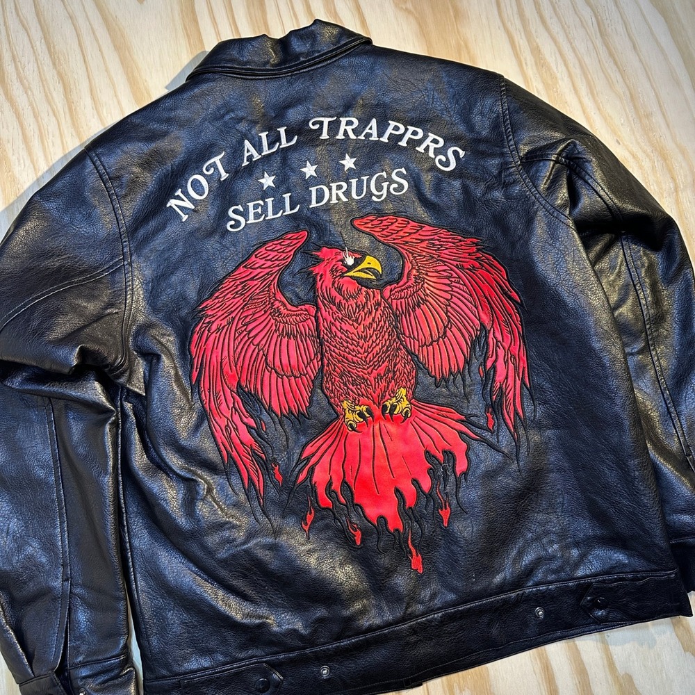 Trapprs Mens Medium Black Faux Leather Phoenix Graphic Streetwear Jacket